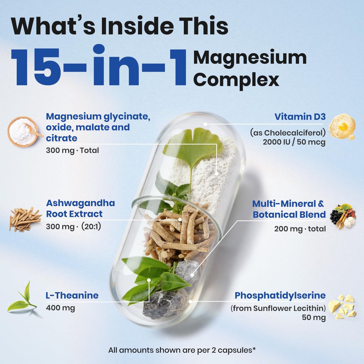 VEV DeepCalm 15-in-1 Magnesium Komplex für Frauen & Männer – Magnesiumpräparat mit Glycinat & Citrat, Ashwagandha & L-Theanin, 120 vegane Kapseln