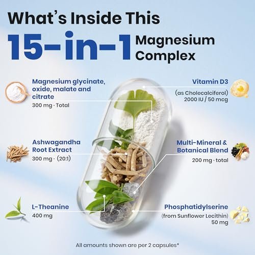 VEV DeepCalm 15-in-1 Magnesium Komplex für Frauen & Männer – Magnesiumpräparat mit Glycinat & Citrat, Ashwagandha & L-Theanin, 120 vegane Kapseln