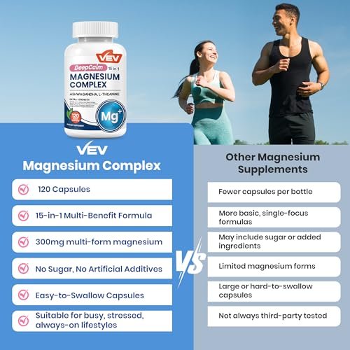 VEV DeepCalm 15-in-1 Magnesium Komplex für Frauen & Männer – Magnesiumpräparat mit Glycinat & Citrat, Ashwagandha & L-Theanin, 120 vegane Kapseln