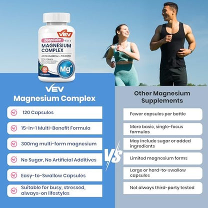 VEV DeepCalm 15-in-1 Magnesium Komplex für Frauen & Männer – Magnesiumpräparat mit Glycinat & Citrat, Ashwagandha & L-Theanin, 120 vegane Kapseln