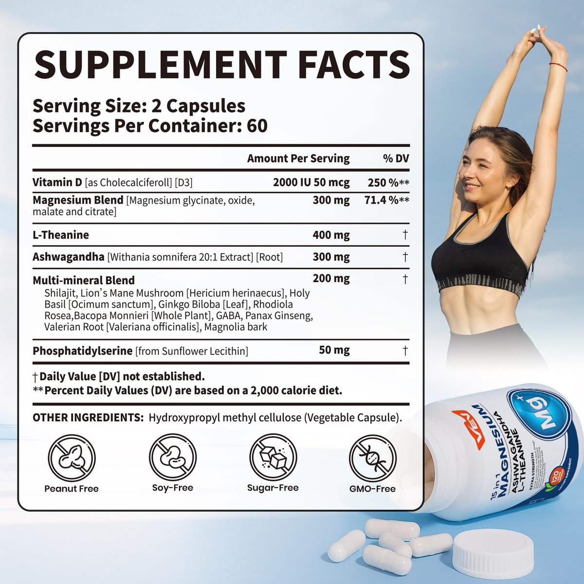VEV DeepCalm 15-in-1 Magnesium Komplex für Frauen & Männer – Magnesiumpräparat mit Glycinat & Citrat, Ashwagandha & L-Theanin, 120 vegane Kapseln
