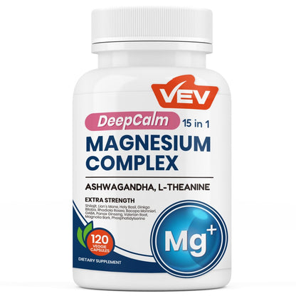VEV DeepCalm 15-in-1 Magnesium Komplex für Frauen & Männer – Magnesiumpräparat mit Glycinat & Citrat, Ashwagandha & L-Theanin, 120 vegane Kapseln