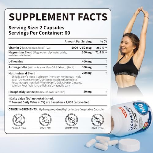 VEV DeepCalm 15-in-1 Magnesium Komplex für Frauen & Männer – Magnesiumpräparat mit Glycinat & Citrat, Ashwagandha & L-Theanin, 120 vegane Kapseln