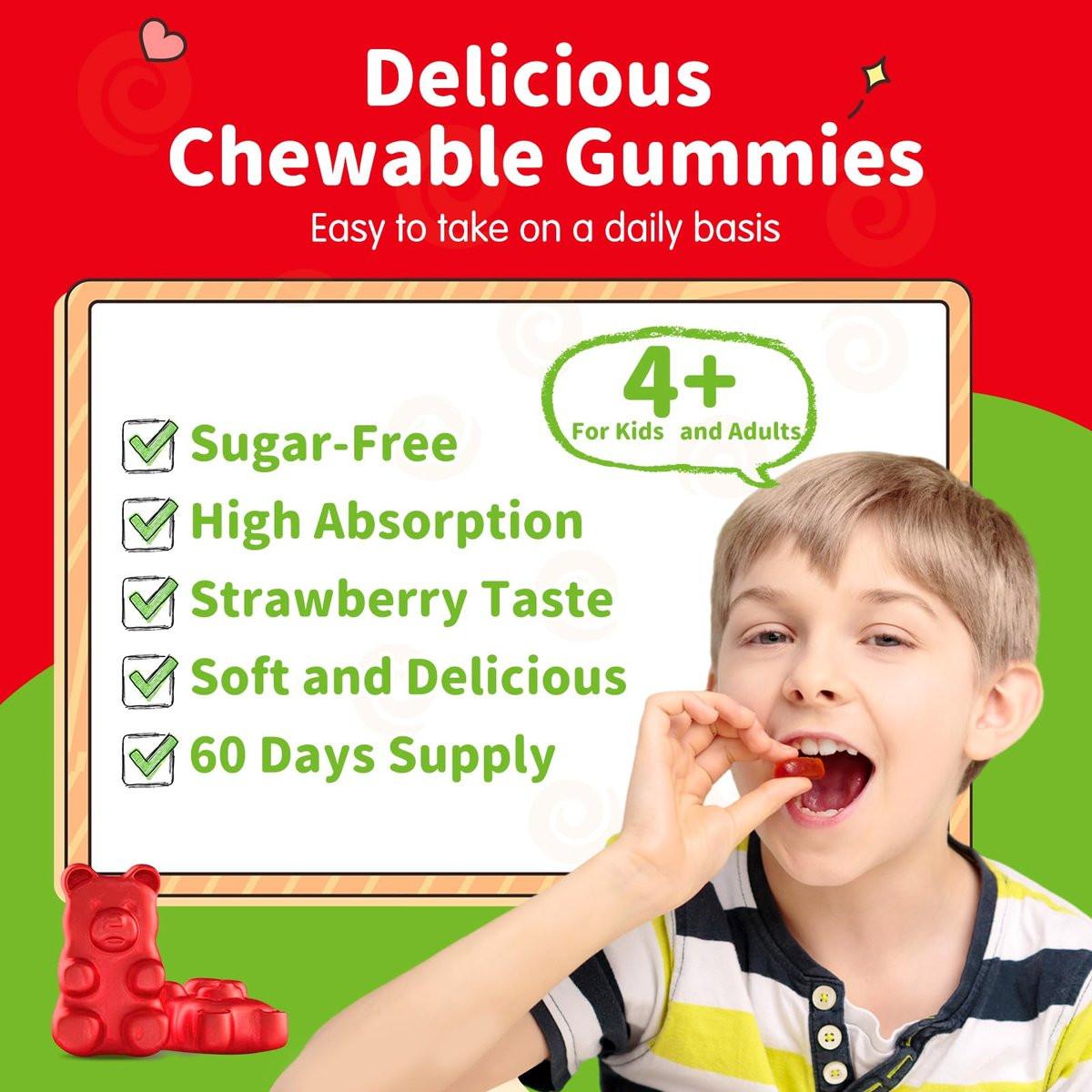 ReviNutra Magnesium Gummis für Kinder – Magnesiumglycinat Gummis mit L-Theanin, Vitamin B6, D3 für Schlaf, Ruhe, Entspannung, Gehirn, Knochen – Zuckerfrei Erdbeere 60 Stück