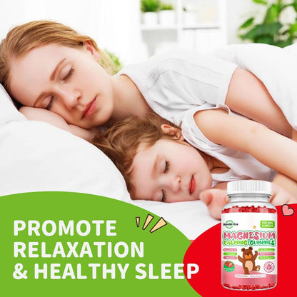 ReviNutra Magnesium Gummis für Kinder – Magnesiumglycinat Gummis mit L-Theanin, Vitamin B6, D3 für Schlaf, Ruhe, Entspannung, Gehirn, Knochen – Zuckerfrei Erdbeere 60 Stück