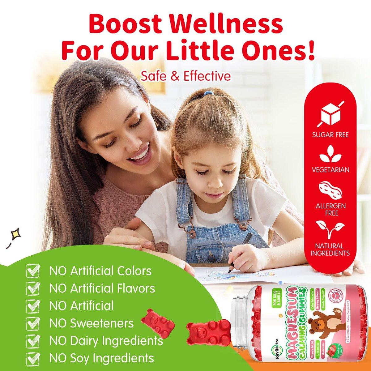 ReviNutra Magnesium Gummis für Kinder – Magnesiumglycinat Gummis mit L-Theanin, Vitamin B6, D3 für Schlaf, Ruhe, Entspannung, Gehirn, Knochen – Zuckerfrei Erdbeere 60 Stück