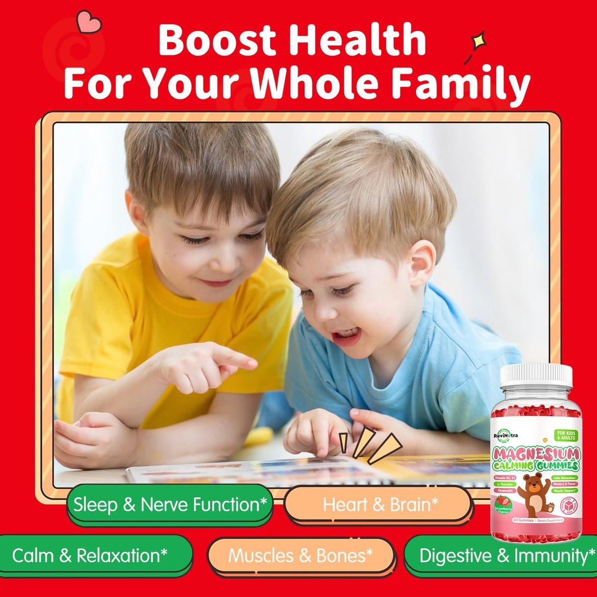 ReviNutra Magnesium Gummis für Kinder – Magnesiumglycinat Gummis mit L-Theanin, Vitamin B6, D3 für Schlaf, Ruhe, Entspannung, Gehirn, Knochen – Zuckerfrei Erdbeere 60 Stück