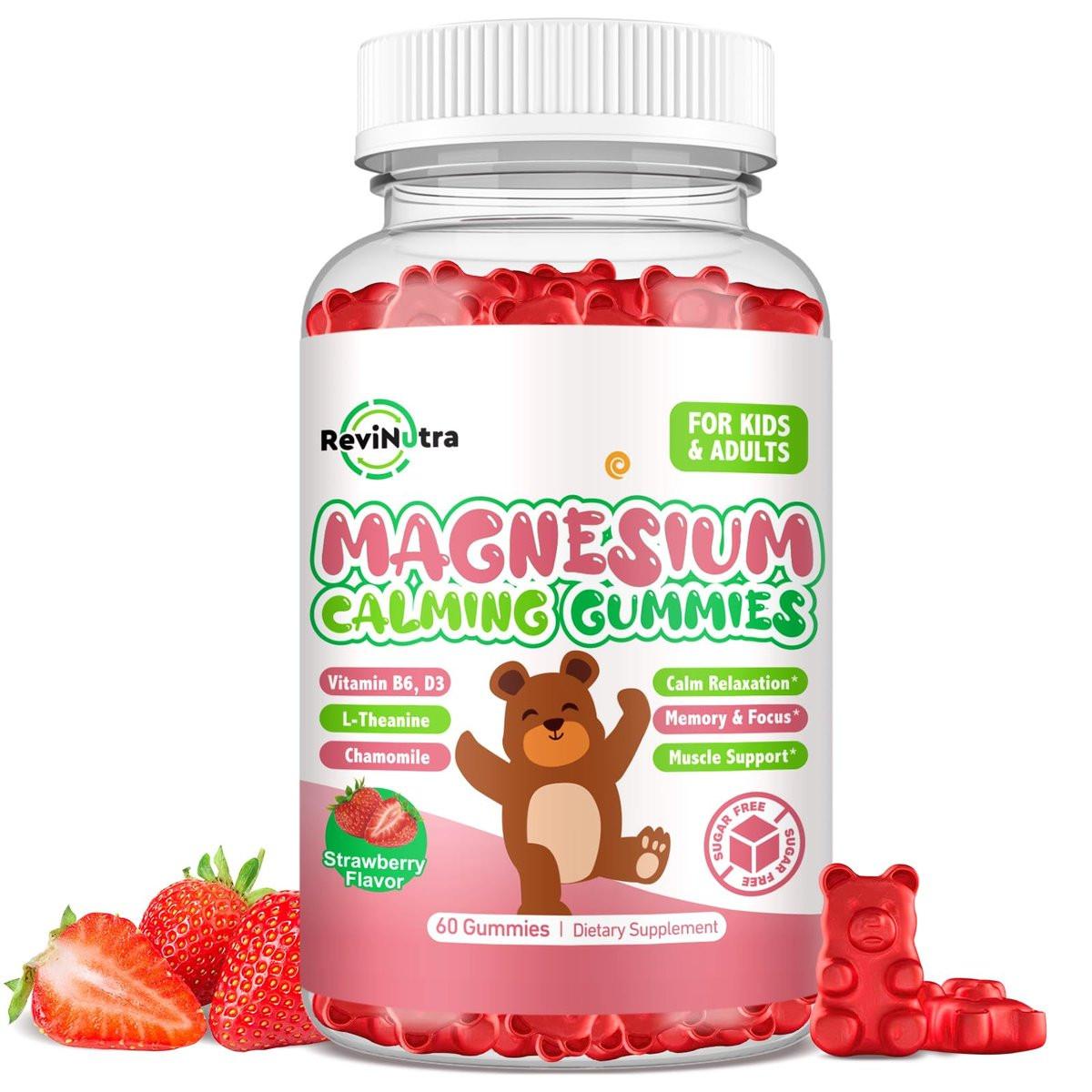 ReviNutra Magnesium Gummis für Kinder – Magnesiumglycinat Gummis mit L-Theanin, Vitamin B6, D3 für Schlaf, Ruhe, Entspannung, Gehirn, Knochen – Zuckerfrei Erdbeere 60 Stück