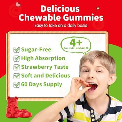 ReviNutra Magnesium Gummis für Kinder – Magnesiumglycinat Gummis mit L-Theanin, Vitamin B6, D3 für Schlaf, Ruhe, Entspannung, Gehirn, Knochen – Zuckerfrei Erdbeere 60 Stück