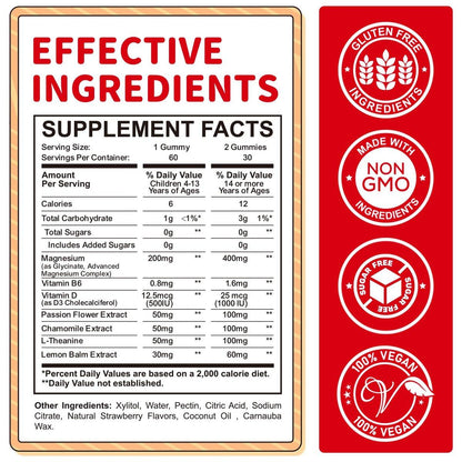 ReviNutra Magnesium Gummis für Kinder – Magnesiumglycinat Gummis mit L-Theanin, Vitamin B6, D3 für Schlaf, Ruhe, Entspannung, Gehirn, Knochen – Zuckerfrei Erdbeere 60 Stück