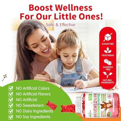 ReviNutra Magnesium Gummis für Kinder – Magnesiumglycinat Gummis mit L-Theanin, Vitamin B6, D3 für Schlaf, Ruhe, Entspannung, Gehirn, Knochen – Zuckerfrei Erdbeere 60 Stück