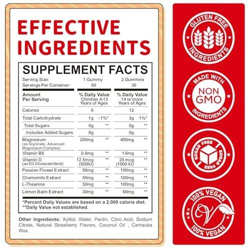 ReviNutra Magnesium Gummis für Kinder – Magnesiumglycinat Gummis mit L-Theanin, Vitamin B6, D3 für Schlaf, Ruhe, Entspannung, Gehirn, Knochen – Zuckerfrei Erdbeere 60 Stück