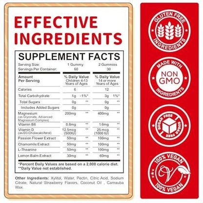 ReviNutra Magnesium Gummis für Kinder – Magnesiumglycinat Gummis mit L-Theanin, Vitamin B6, D3 für Schlaf, Ruhe, Entspannung, Gehirn, Knochen – Zuckerfrei Erdbeere 60 Stück