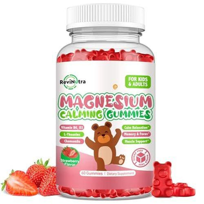 ReviNutra Magnesium Gummis für Kinder – Magnesiumglycinat Gummis mit L-Theanin, Vitamin B6, D3 für Schlaf, Ruhe, Entspannung, Gehirn, Knochen – Zuckerfrei Erdbeere 60 Stück