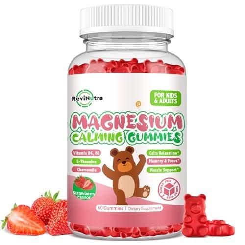 ReviNutra Magnesium Gummis für Kinder – Magnesiumglycinat Gummis mit L-Theanin, Vitamin B6, D3 für Schlaf, Ruhe, Entspannung, Gehirn, Knochen – Zuckerfrei Erdbeere 60 Stück