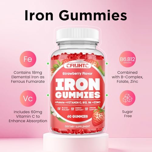 Eisen Gummibärchen für Frauen & Männer - Eisenpräparat mit Vitamin B6, B12, C, Zink, Folsäure für Erwachsene & Kinder - Unterstützt Eisenmangel, Anämie, Energie-Boost, Blutbildner - Zuckerfrei Vegan 60ct Erdbeere