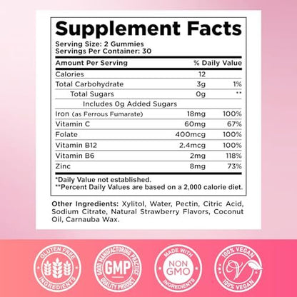 Eisen Gummibärchen für Frauen & Männer - Eisenpräparat mit Vitamin B6, B12, C, Zink, Folsäure für Erwachsene & Kinder - Unterstützt Eisenmangel, Anämie, Energie-Boost, Blutbildner - Zuckerfrei Vegan 60ct Erdbeere
