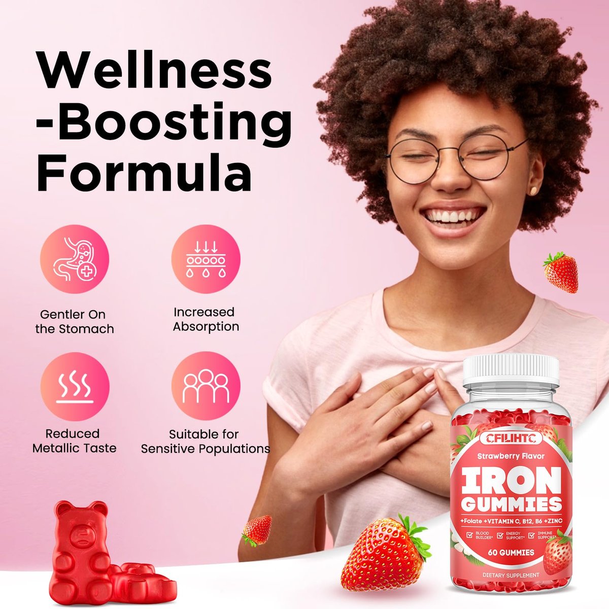 Eisen Gummibärchen für Frauen & Männer - Eisenpräparat mit Vitamin B6, B12, C, Zink, Folsäure für Erwachsene & Kinder - Unterstützt Eisenmangel, Anämie, Energie-Boost, Blutbildner - Zuckerfrei Vegan 60ct Erdbeere