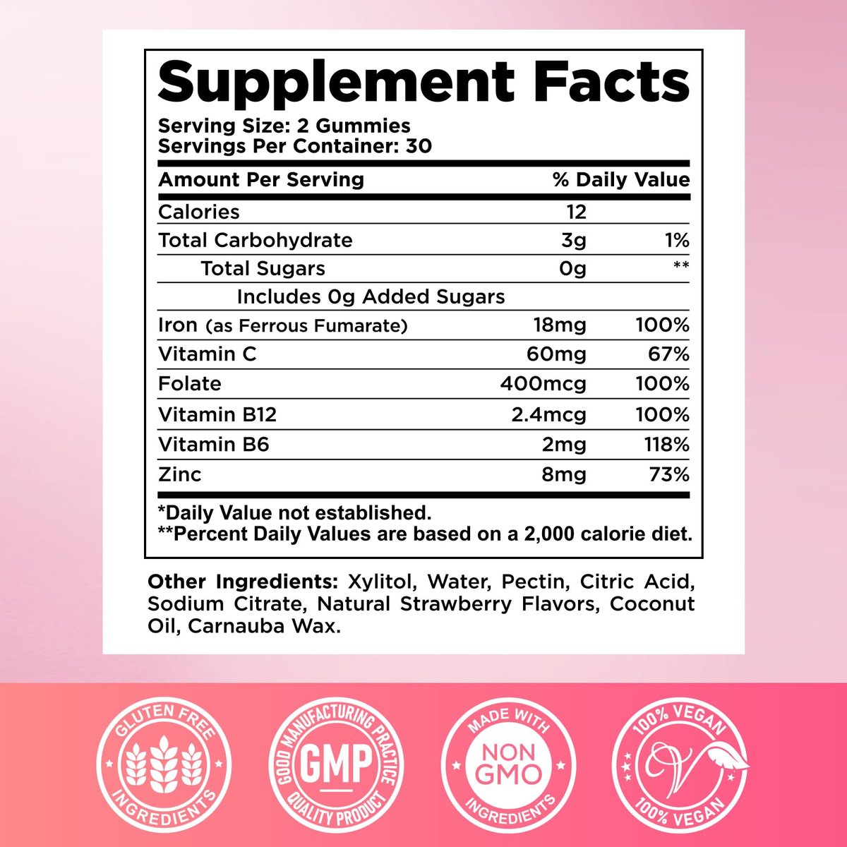 Eisen Gummibärchen für Frauen & Männer - Eisenpräparat mit Vitamin B6, B12, C, Zink, Folsäure für Erwachsene & Kinder - Unterstützt Eisenmangel, Anämie, Energie-Boost, Blutbildner - Zuckerfrei Vegan 60ct Erdbeere