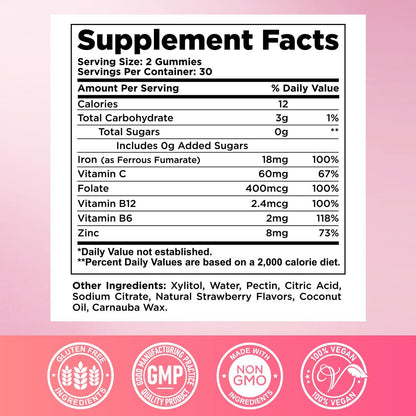 Eisen Gummibärchen für Frauen & Männer - Eisenpräparat mit Vitamin B6, B12, C, Zink, Folsäure für Erwachsene & Kinder - Unterstützt Eisenmangel, Anämie, Energie-Boost, Blutbildner - Zuckerfrei Vegan 60ct Erdbeere