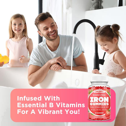 Eisen Gummibärchen für Frauen & Männer - Eisenpräparat mit Vitamin B6, B12, C, Zink, Folsäure für Erwachsene & Kinder - Unterstützt Eisenmangel, Anämie, Energie-Boost, Blutbildner - Zuckerfrei Vegan 60ct Erdbeere