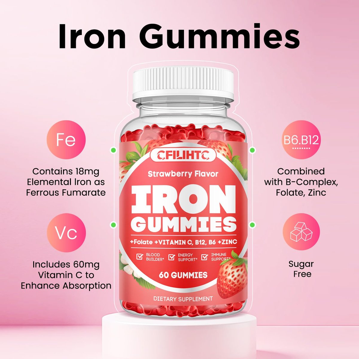 Eisen Gummibärchen für Frauen & Männer - Eisenpräparat mit Vitamin B6, B12, C, Zink, Folsäure für Erwachsene & Kinder - Unterstützt Eisenmangel, Anämie, Energie-Boost, Blutbildner - Zuckerfrei Vegan 60ct Erdbeere