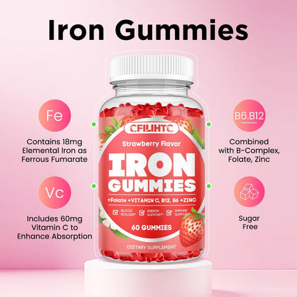 Eisen Gummibärchen für Frauen & Männer - Eisenpräparat mit Vitamin B6, B12, C, Zink, Folsäure für Erwachsene & Kinder - Unterstützt Eisenmangel, Anämie, Energie-Boost, Blutbildner - Zuckerfrei Vegan 60ct Erdbeere