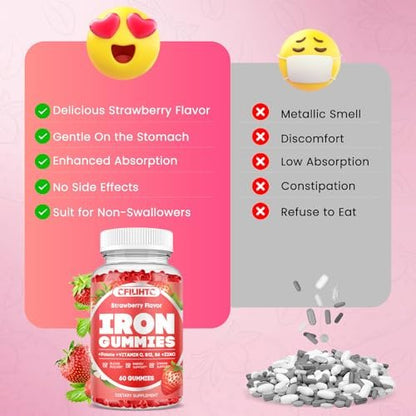 Eisen Gummibärchen für Frauen & Männer - Eisenpräparat mit Vitamin B6, B12, C, Zink, Folsäure für Erwachsene & Kinder - Unterstützt Eisenmangel, Anämie, Energie-Boost, Blutbildner - Zuckerfrei Vegan 60ct Erdbeere