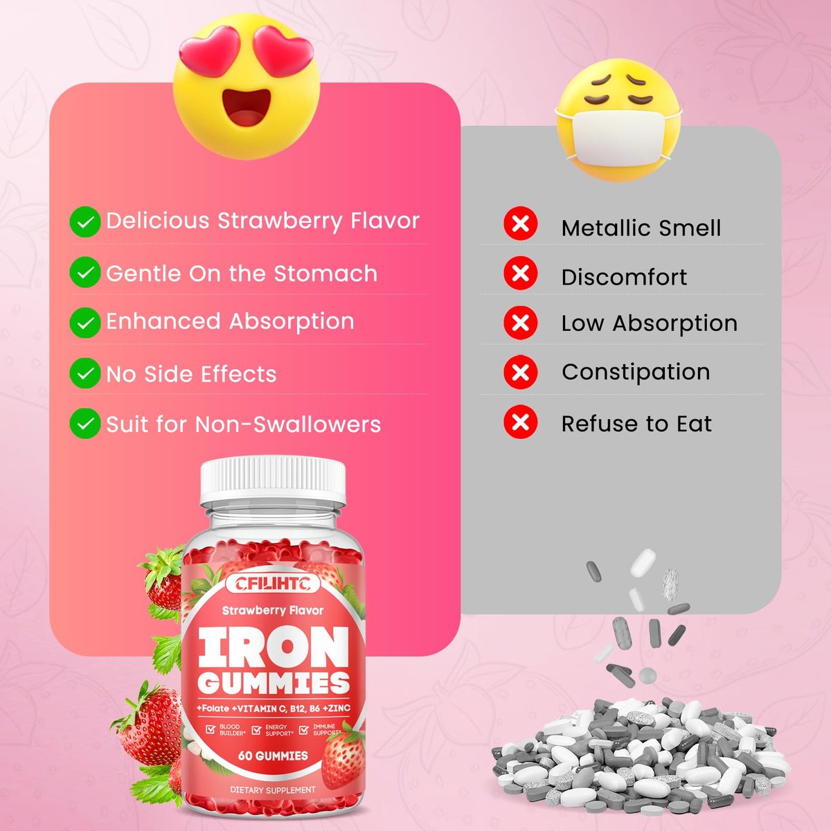 Eisen Gummibärchen für Frauen & Männer - Eisenpräparat mit Vitamin B6, B12, C, Zink, Folsäure für Erwachsene & Kinder - Unterstützt Eisenmangel, Anämie, Energie-Boost, Blutbildner - Zuckerfrei Vegan 60ct Erdbeere