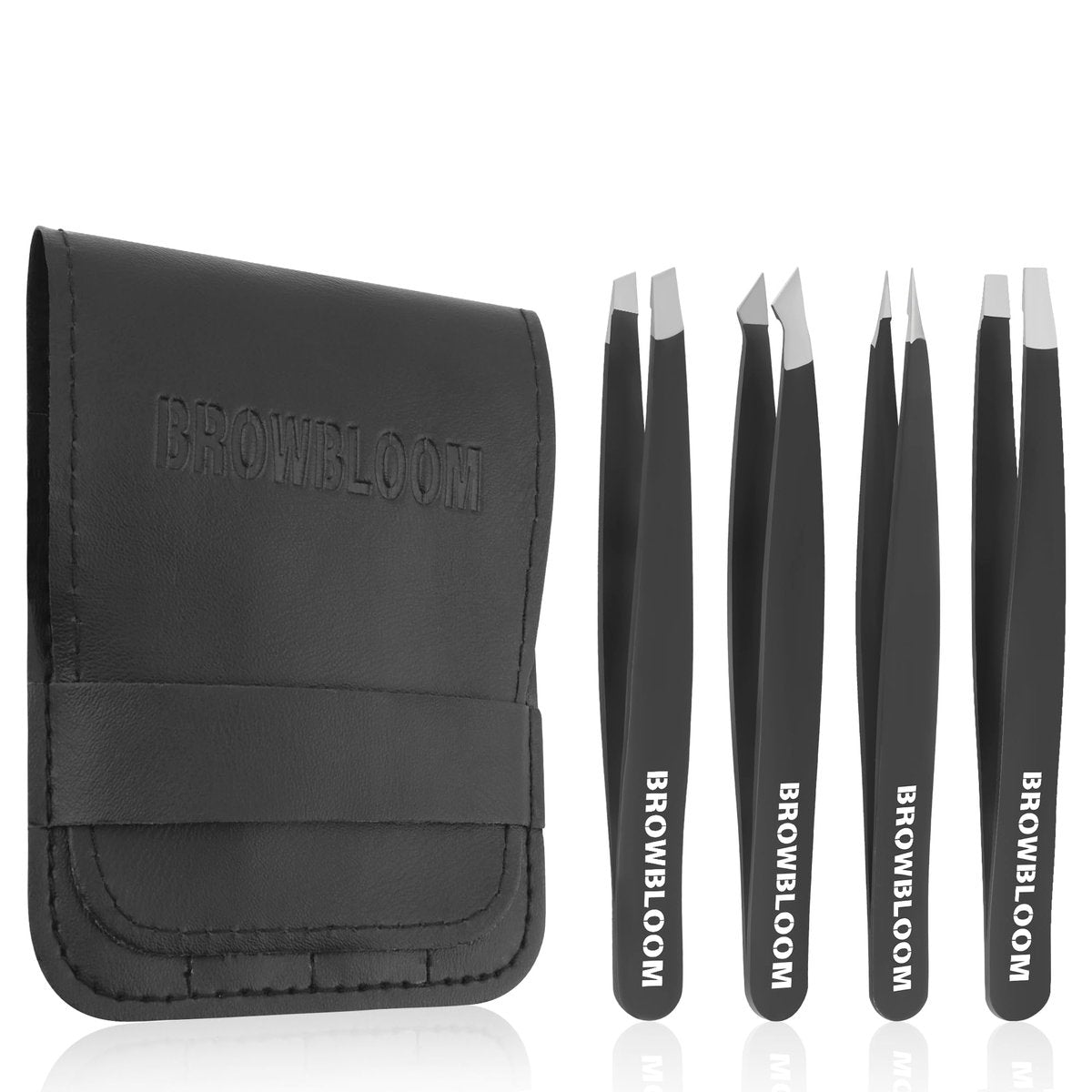 BROWBLOOM 4-teiliges Profi-Pinzettenset für Damen und Herren – Präzisionspinzetten aus schwarzem Edelstahl für eingewachsene Haare und Augenbrauen in Aufbewahrungstasche (Schwarz)