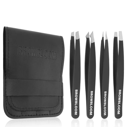 BROWBLOOM 4-teiliges Profi-Pinzettenset für Damen und Herren – Präzisionspinzetten aus schwarzem Edelstahl für eingewachsene Haare und Augenbrauen in Aufbewahrungstasche (Schwarz)