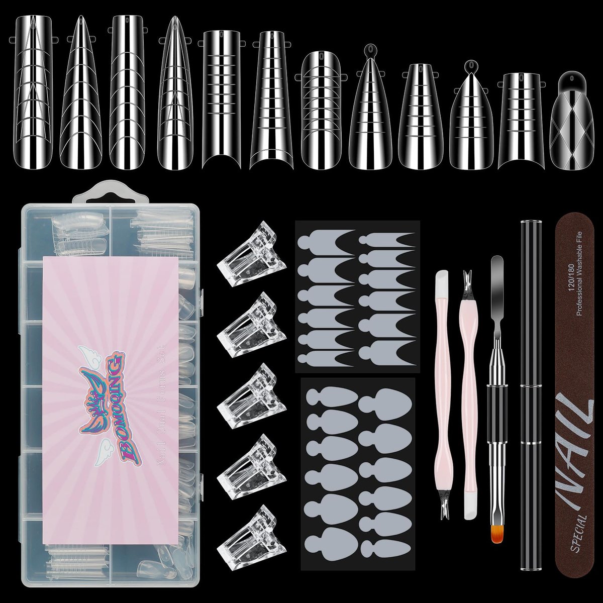 Nagelextensions Set mit 144 Teilen – Polygel Doppelformen, 12 Stile & 12 Größen, inkl. 5 Nagelclips, Nagelfeile, Nagelhautschieber und Pinsel