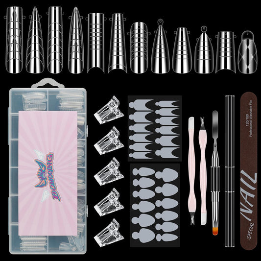 Nagelextensions Set mit 144 Teilen – Polygel Doppelformen, 12 Stile & 12 Größen, inkl. 5 Nagelclips, Nagelfeile, Nagelhautschieber und Pinsel