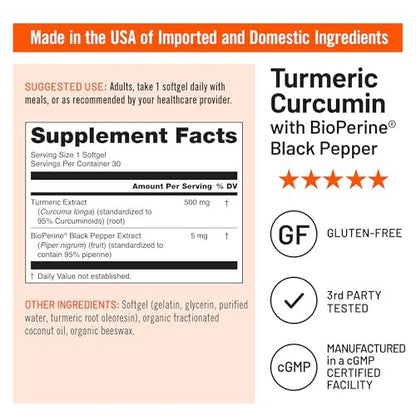 NatureWise Kurkuma Curcumin 500 mg mit schwarzem Pfeffer, extra stark, verbesserte Aufnahme, 95 % Curcuminoide & BioPerin für Immununterstützung, glutenfrei, nicht-GMO, 30 Kapseln (1-Monats-Vorrat)