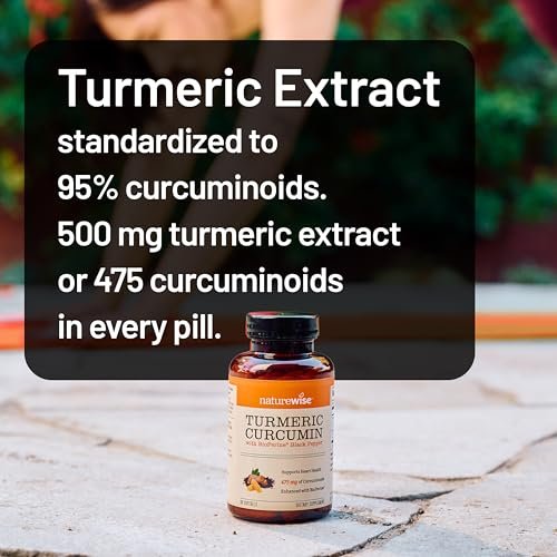 NatureWise Kurkuma Curcumin 500 mg mit schwarzem Pfeffer, extra stark, verbesserte Aufnahme, 95 % Curcuminoide & BioPerin für Immununterstützung, glutenfrei, nicht-GMO, 30 Kapseln (1-Monats-Vorrat)