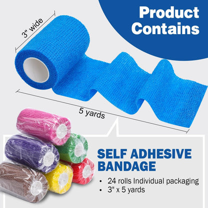 AZEN 24er Pack Selbstklebende Bandage, 3" x 5 Yards Elastische Kohäsive Bandage, Farbiges Sporttape, Tierarzt Tape, Knöchel Tape, Tattoo Grip Tape Wrap