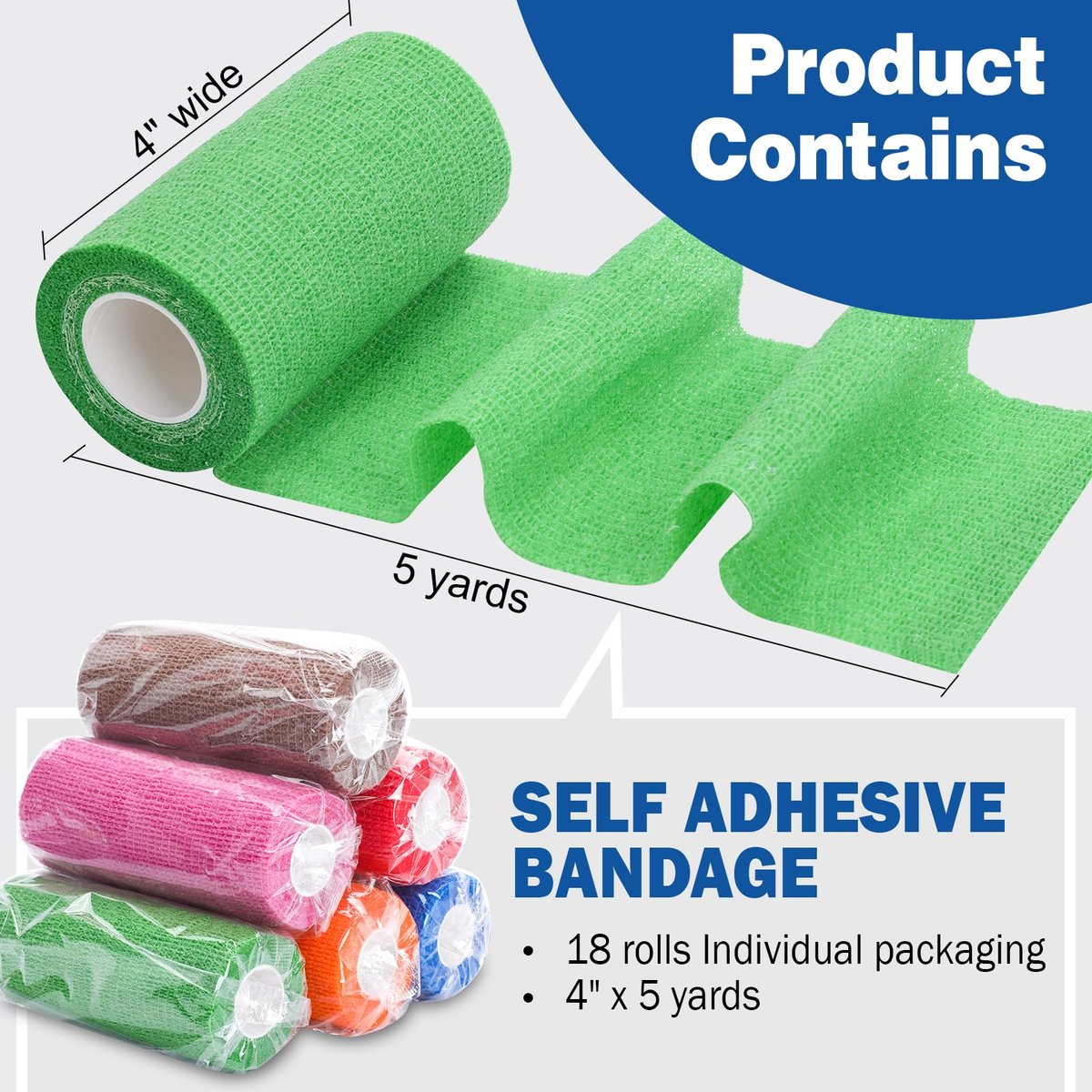 AZEN 18er-Pack Selbstklebende Bandage, 4" x 5 Yards, Elastische Kohäsive Bandage, Farbiges Athletik-Tape, Tattoo-Griffband, Knöchel-Tape, Tierbandage