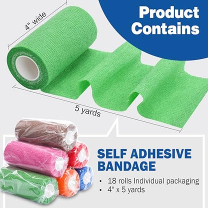 AZEN 18er-Pack Selbstklebende Bandage, 4" x 5 Yards, Elastische Kohäsive Bandage, Farbiges Athletik-Tape, Tattoo-Griffband, Knöchel-Tape, Tierbandage