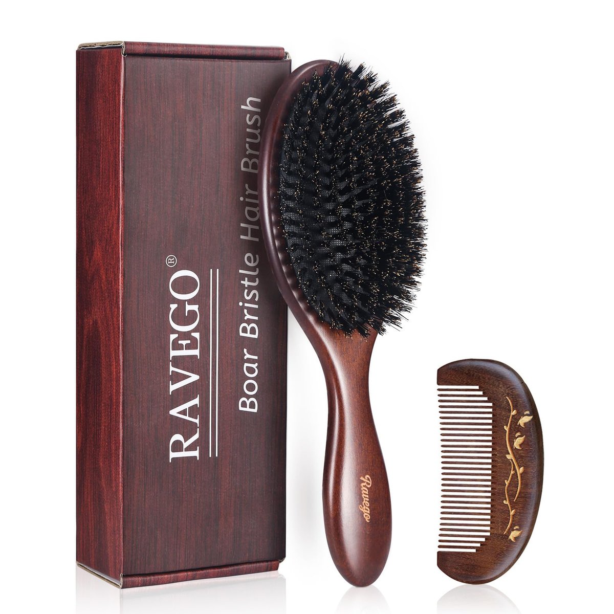 RAVEGO Haarbürste mit Wildschweinborsten für Frauen, Männer und Kinder – Natürliche Borsten für feines und normales Haar – Stellt Glanz und Textur wieder her – Inklusive Reinigungswerkzeug