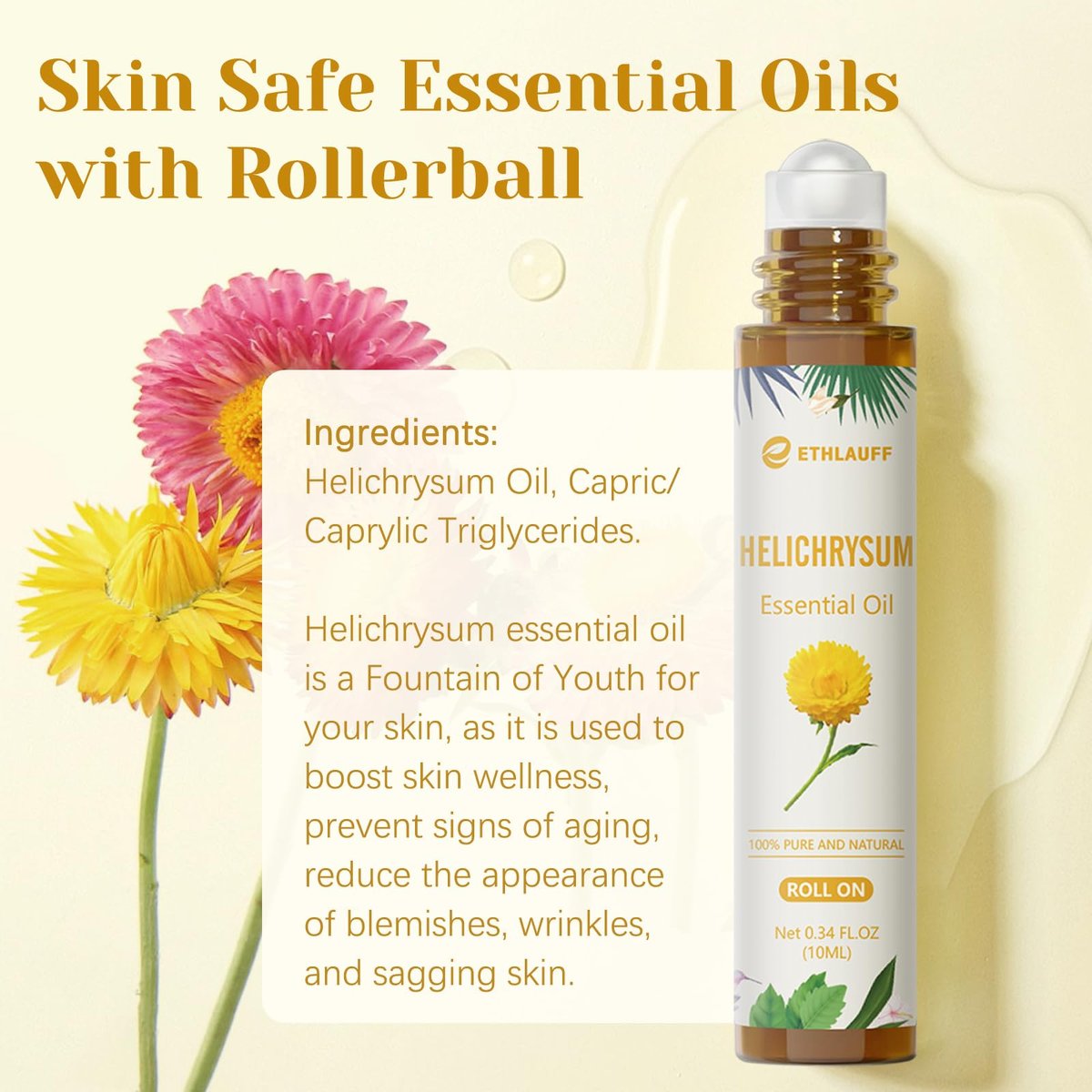 Helichrysum Roll-On ätherisches Öl – 100% rein für Hautvitalität & Anti-Aging, Aromatherapie, Stressabbau