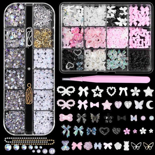 3D Nagelcharme Set mit Strass, Perlen, Schleifen, Schmetterlingen, Blumen – Acryl-Nagelkunst-Zubehör für DIY-Designs (Pink, gemischt)