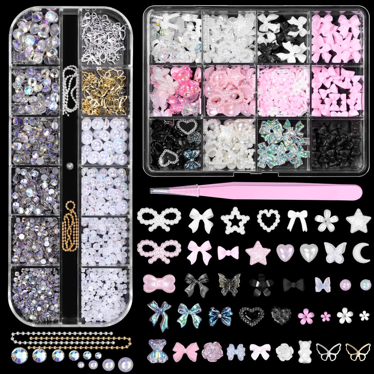 3D Nagelcharme Set mit Strass, Perlen, Schleifen, Schmetterlingen, Blumen – Acryl-Nagelkunst-Zubehör für DIY-Designs (Pink, gemischt)