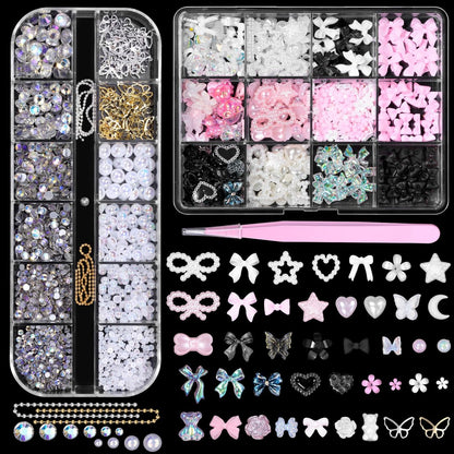 3D Nagelcharme Set mit Strass, Perlen, Schleifen, Schmetterlingen, Blumen – Acryl-Nagelkunst-Zubehör für DIY-Designs (Pink, gemischt)