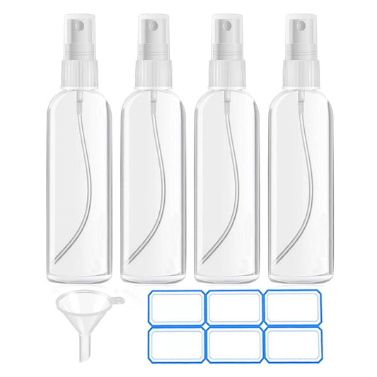 DTDNZKN 4er-Pack 100 ml TSA-geprüfte Reiseflaschen, Reisegröße Zerstäuberflaschen mit Etiketten – Feiner Nebel, nachfüllbar, wiederverwendbar, auslaufsicher