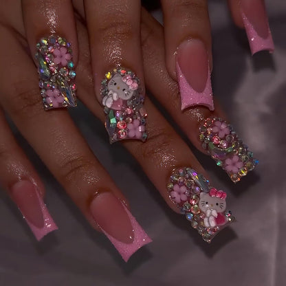 PDFADSK Pink Glitter French Tip Press-on-Nägel – Medium Square Fake Nails mit Glanz und Strasssteinen, Acryl-Nägel für Frauen (24 Stück)