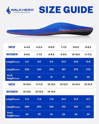Walkhero Fußgewölbe-Stützeinlagen für Damen & Herren - Plantarfasziitis-Einlagen mit Maximaler Dämpfung, Orthopädische Einlegesohlen zur Linderung von Fersenschmerzen, für Arbeitsstiefel und langes Stehen (Herren 9-9,5 | Damen 11-11,5, Starry Blue)