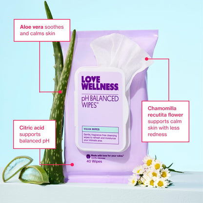 Love Wellness pH-Balance-Feuchttücher für Frauen | Intimhygiene mit Aloe Vera | Duftfreie Intimpflege | Feuchtigkeitsspendend & beruhigend für empfindliche Haut | Reisegröße | 2er-Pack