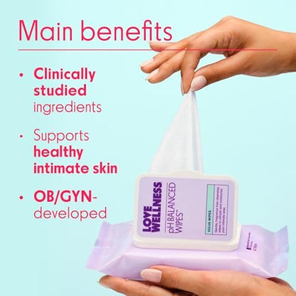 Love Wellness pH-Balance-Feuchttücher für Frauen | Intimhygiene mit Aloe Vera | Duftfreie Intimpflege | Feuchtigkeitsspendend & beruhigend für empfindliche Haut | Reisegröße | 2er-Pack