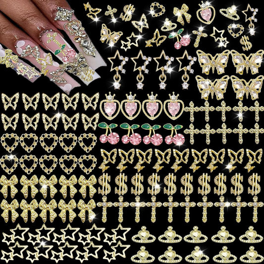 KACHIMOO 106-teilige goldene Nagelverzierungen 3D Nagelkunst-Charms Kirsche Schmetterling Kreuz Schleife Stern Herz Dollar 3D Nagel-Edelsteine für Frauen Nagelkunst DIY-Design