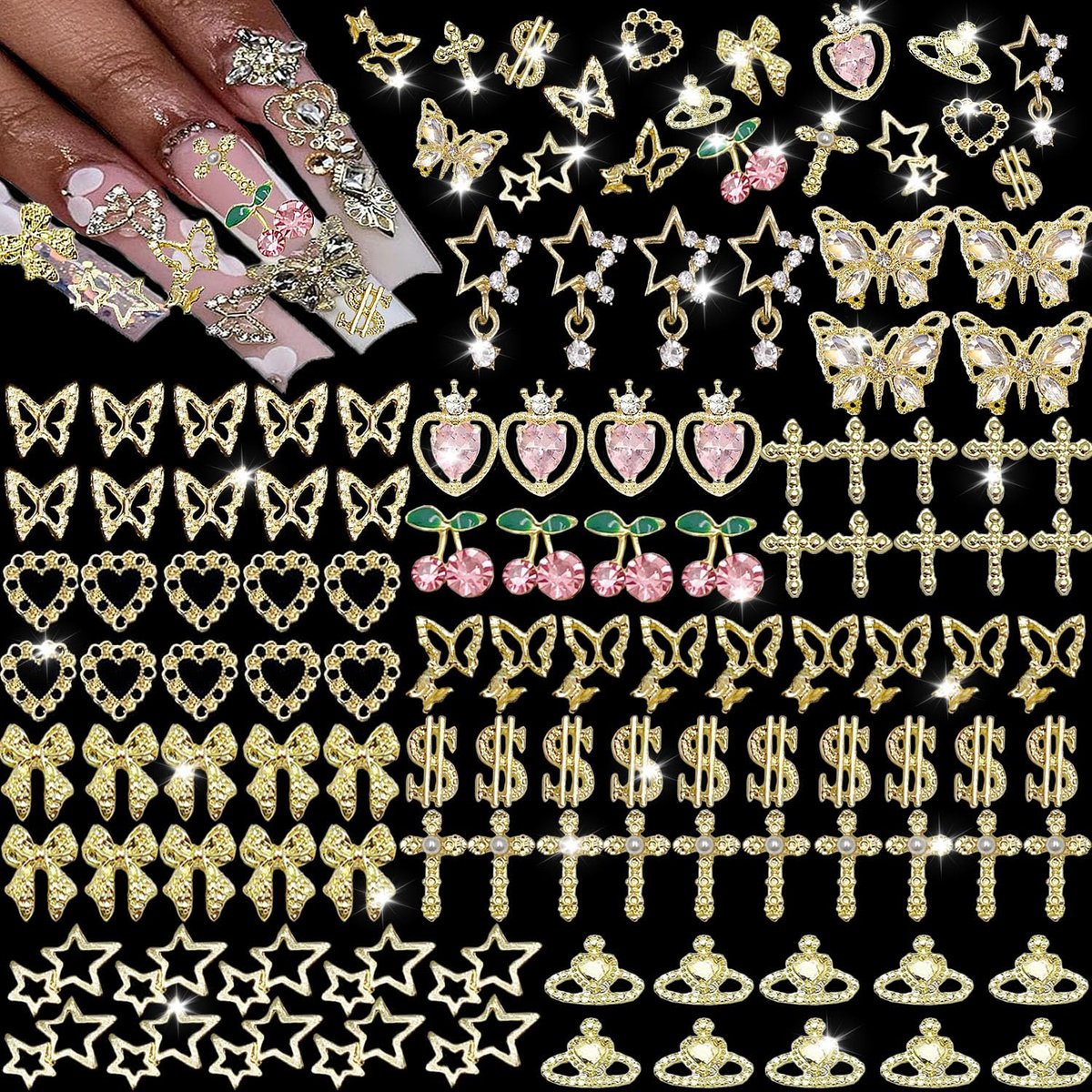 KACHIMOO 106-teilige goldene Nagelverzierungen 3D Nagelkunst-Charms Kirsche Schmetterling Kreuz Schleife Stern Herz Dollar 3D Nagel-Edelsteine für Frauen Nagelkunst DIY-Design